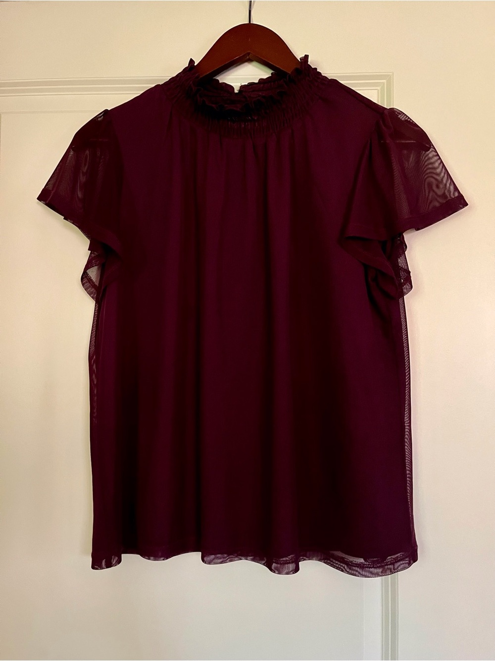 Beacon Purple Smocked Ruffle Neck Flutter Sleeve Blouse